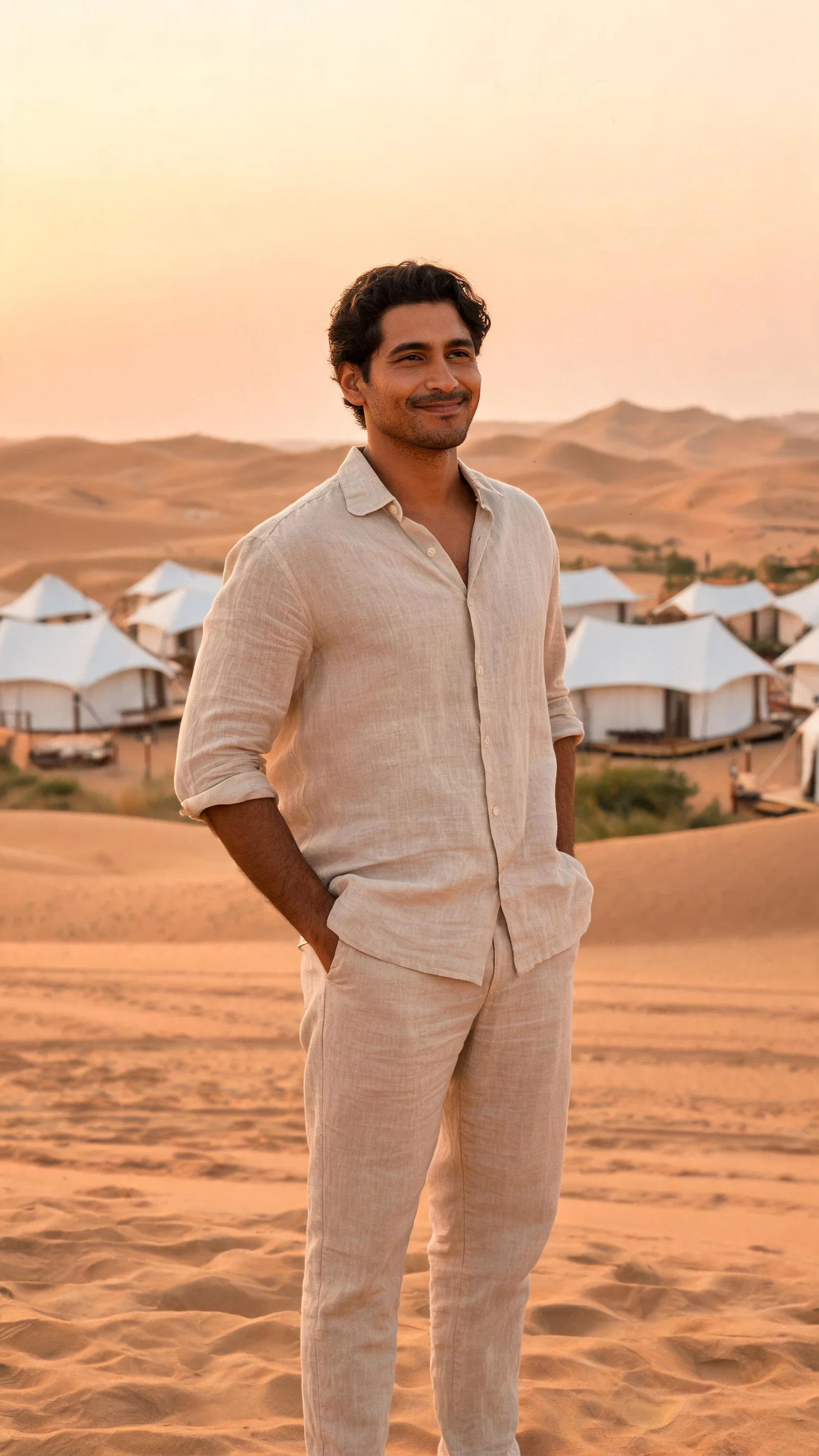 Hispanic man full-body desert luxury camp portrait near Dubai at sunset
