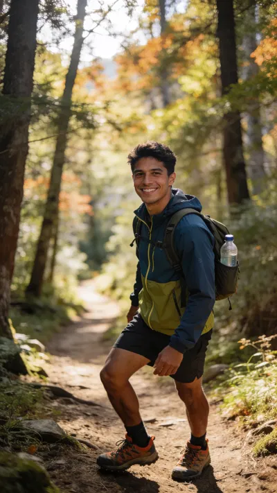 Hispanic man hiking forest trail, upbeat travel lifestyle portrait.