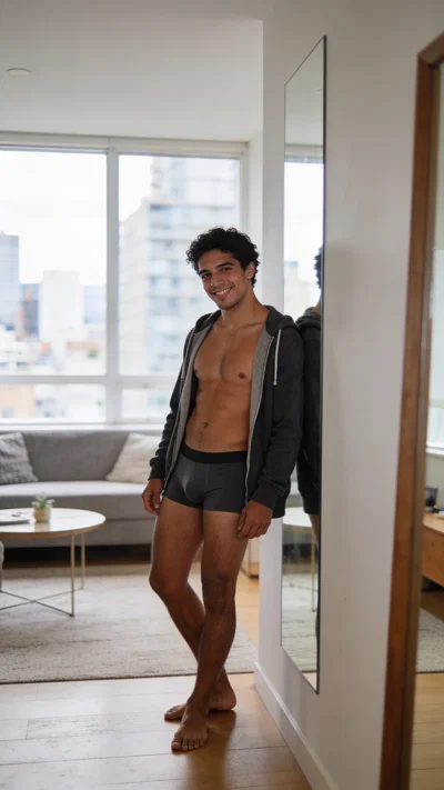 Hispanic man in modern apartment wearing open hoodie and briefs for men boudoir photo