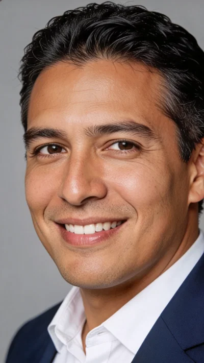 Hispanic man in navy blazer, studio corporate headshot