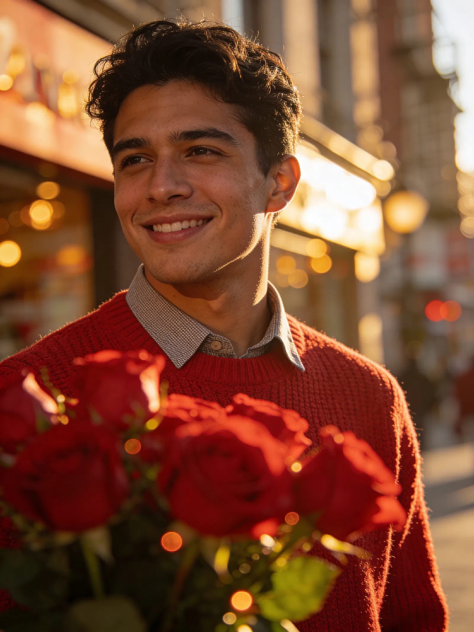 Hispanic man in red sweater at golden hour with roses, city background.