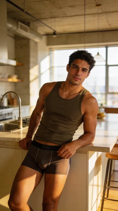 Hispanic man leaning on island for boudoir photo for men, bright loft light