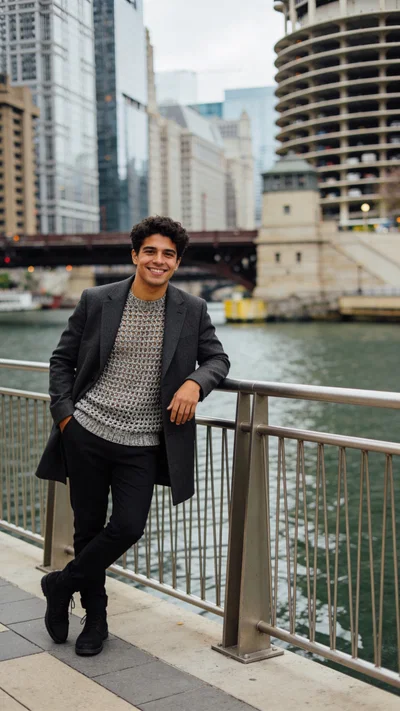 Hispanic man leaning on railing in outdoor editorial fashion portrait