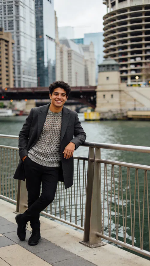Hispanic man leaning on railing in outdoor editorial fashion portrait