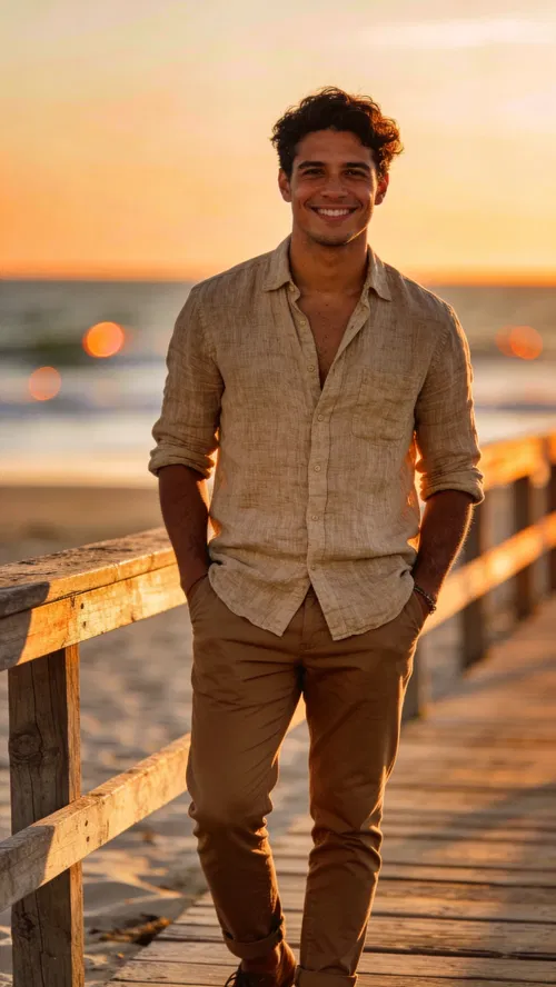 Hispanic man on beach boardwalk for premium Instagram photos