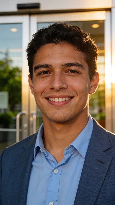 Hispanic man outside office entrance, clean head-and-shoulders professional portrait