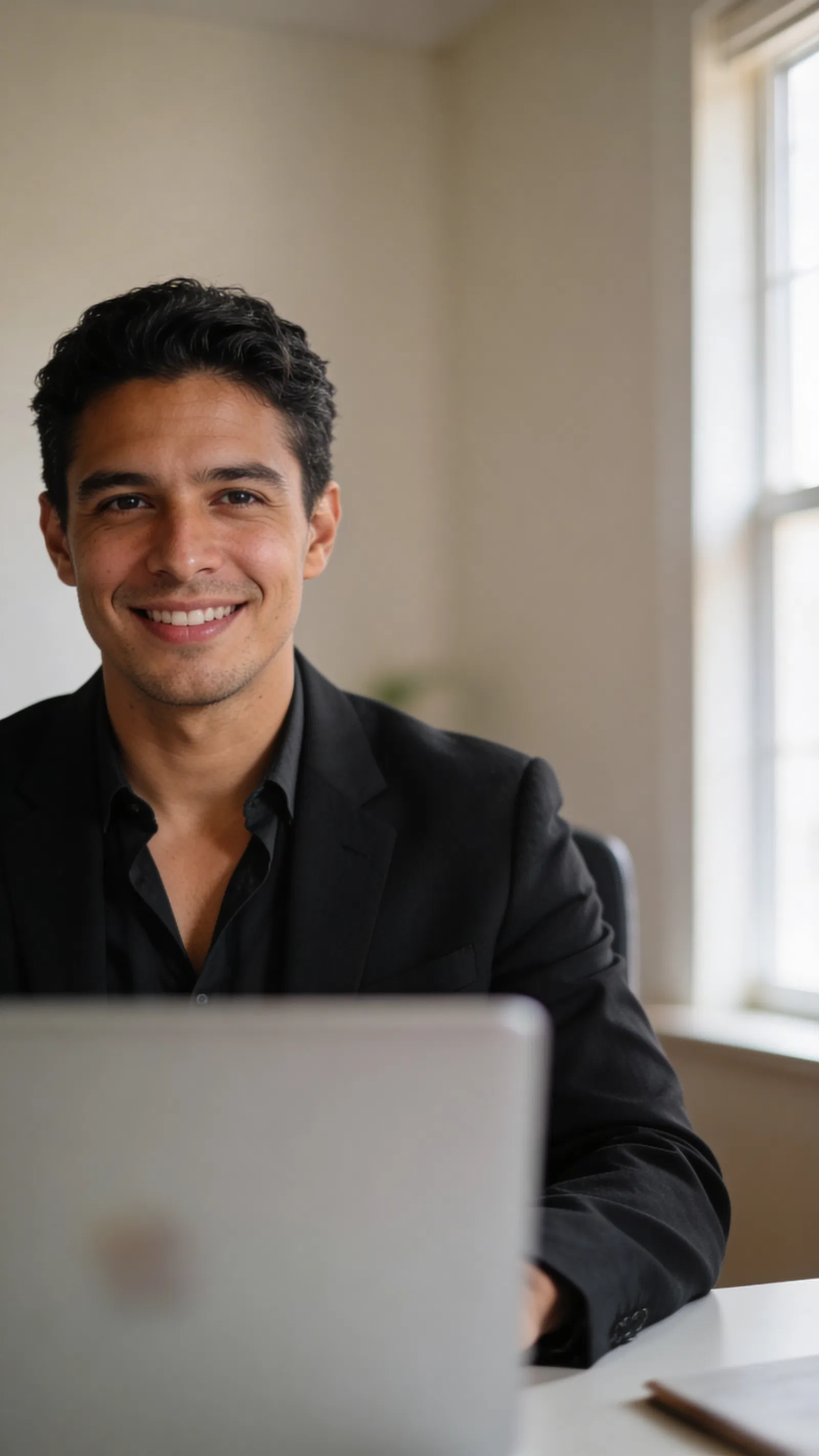 Hispanic man seated at desk in home office, corporate headshot
