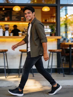 Hispanic man walking by cafe in lifestyle Instagram photoshoot