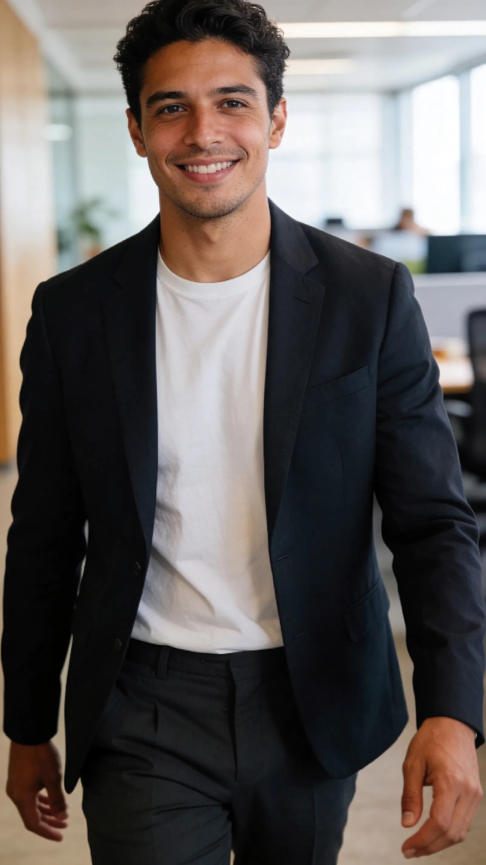 Hispanic man walking in coworking space, natural professional half-body portrait