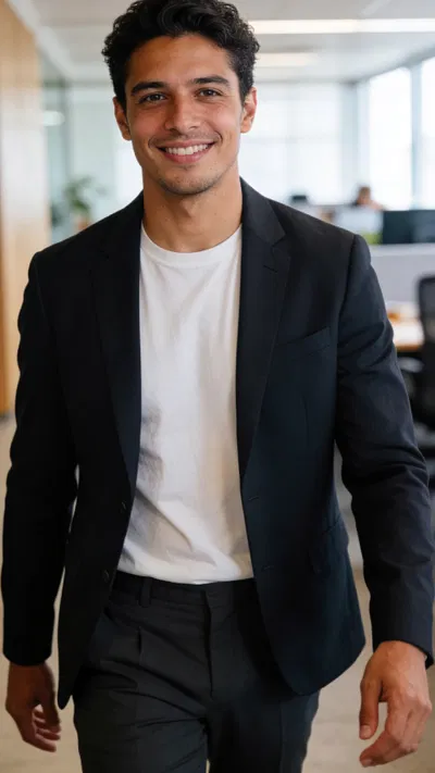 Hispanic man walking in coworking space, natural professional half-body portrait