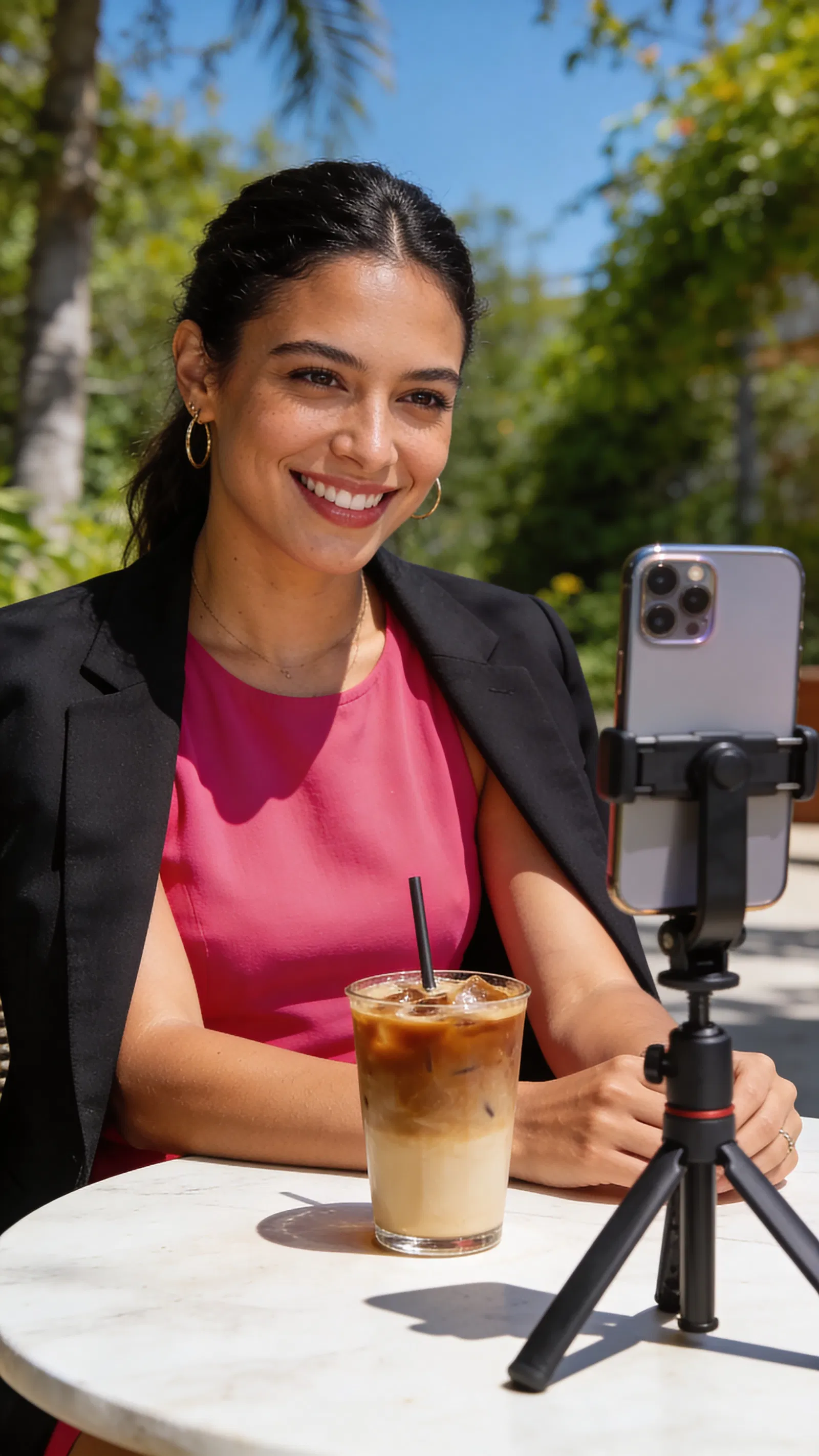 Hispanic woman at outdoor table with phone tripod, sunny creator portrait