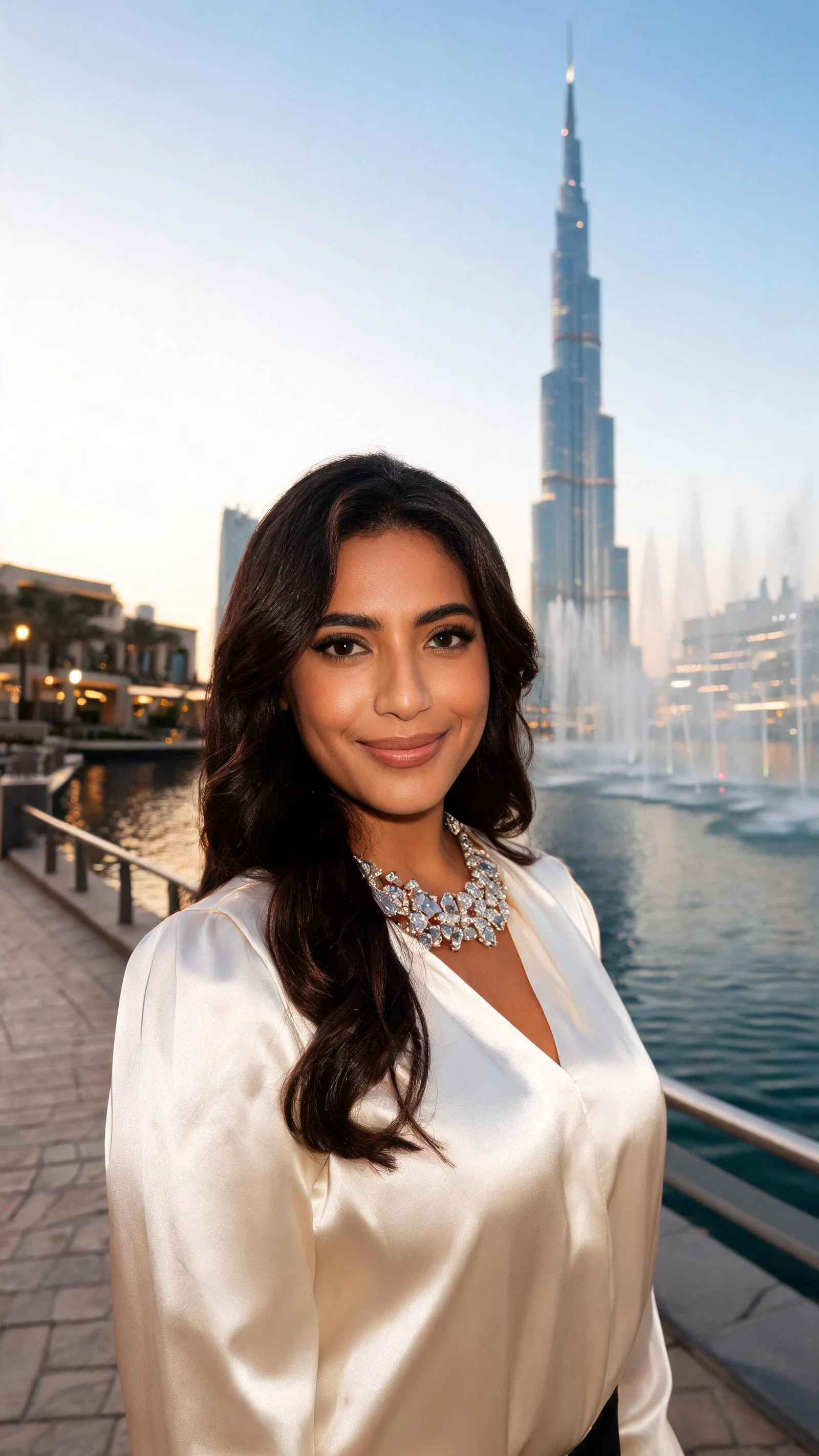 Hispanic woman elegant portrait near Dubai fountain promenade at dusk