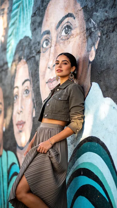 Hispanic woman full-body editorial fashion portrait by mural wall