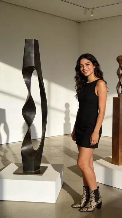 Hispanic woman in art gallery three-quarter editorial fashion portrait