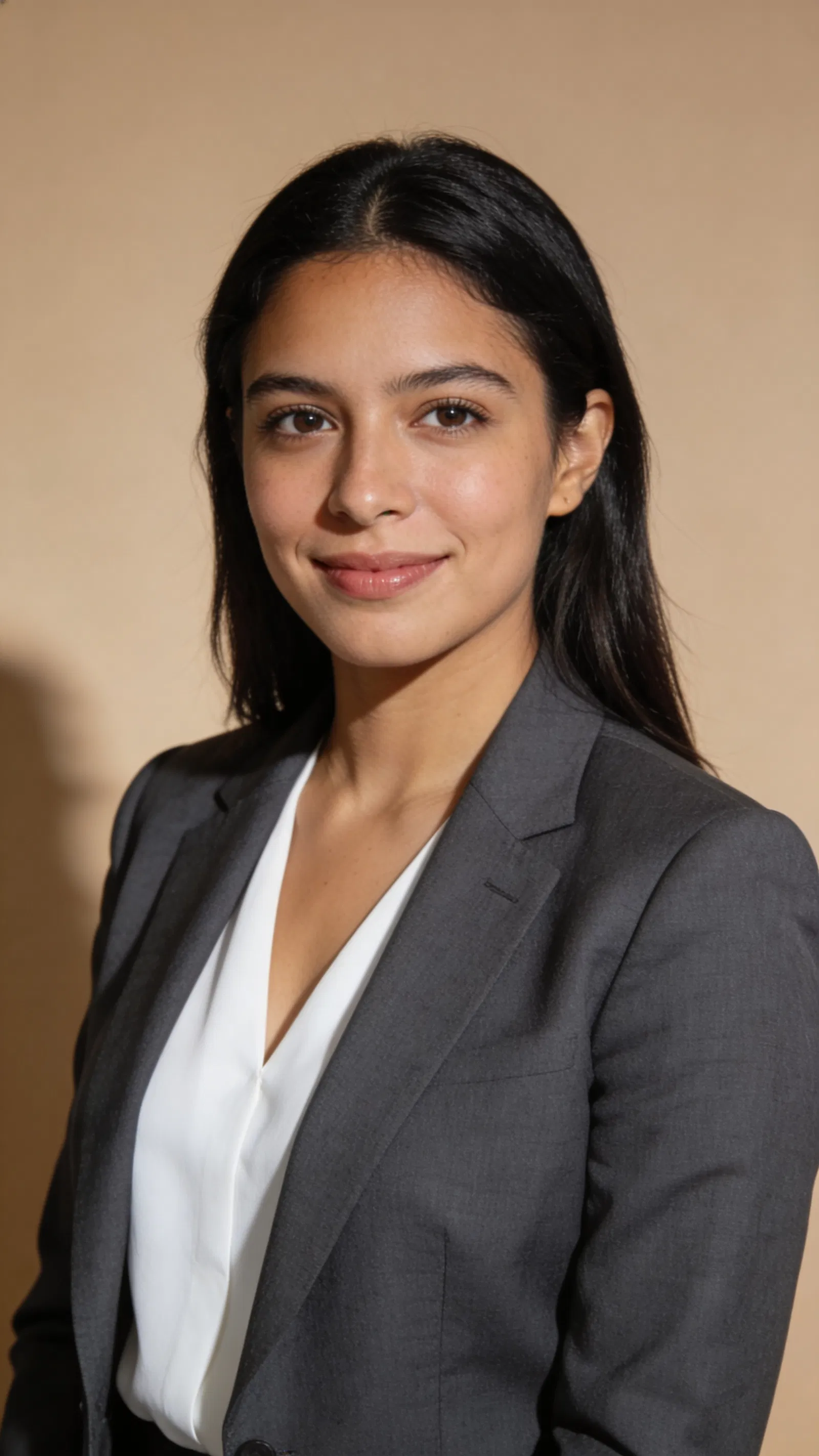 Hispanic woman in blazer on neutral studio background for resume photo