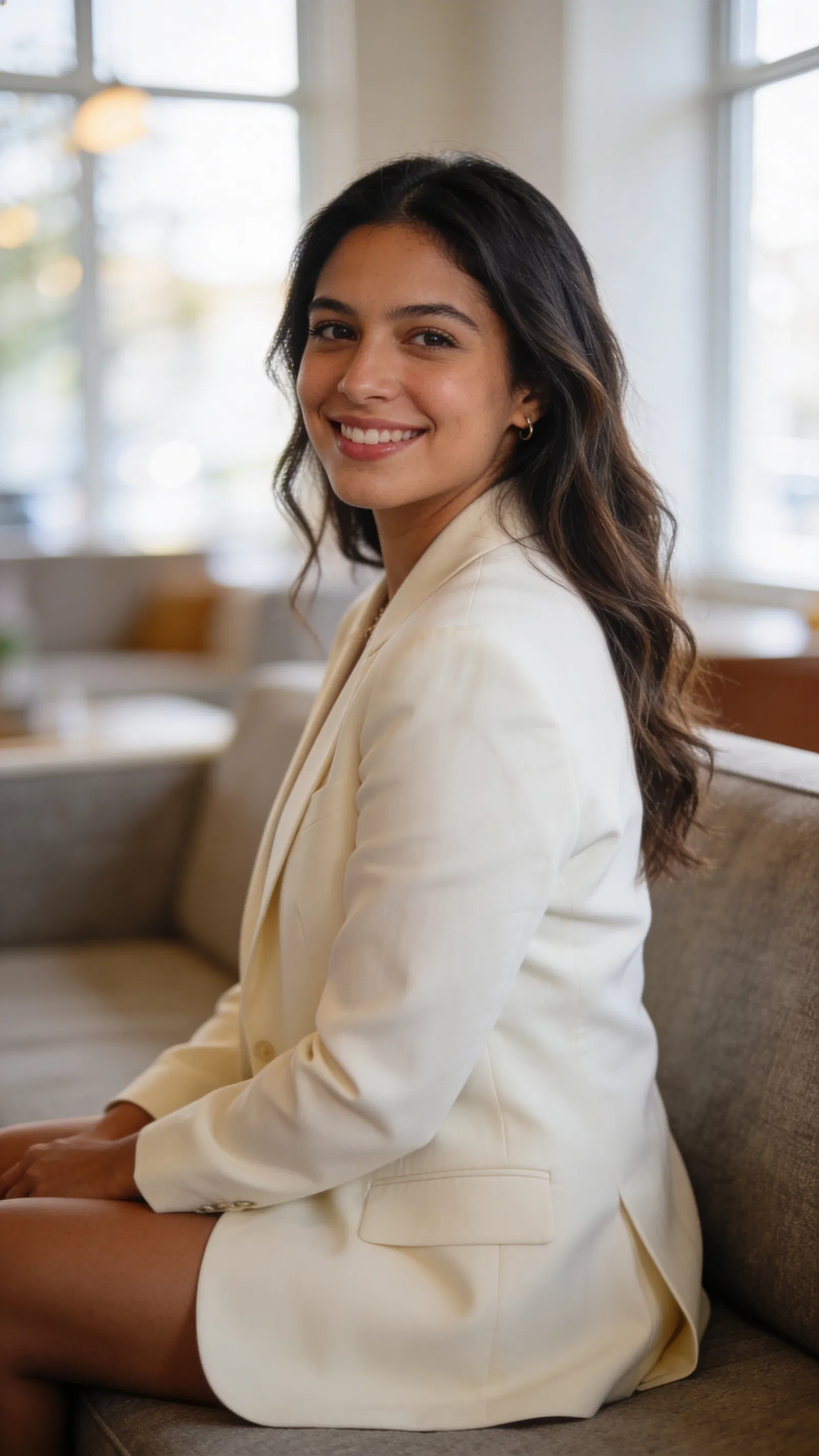 Hispanic woman in cream blazer seated in bright office lounge headshot