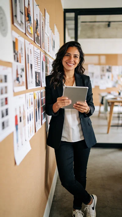Hispanic woman in creative studio beside mood board for branding photos