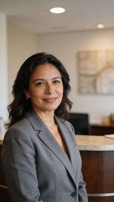 Hispanic woman in gray blazer in reception area corporate headshot