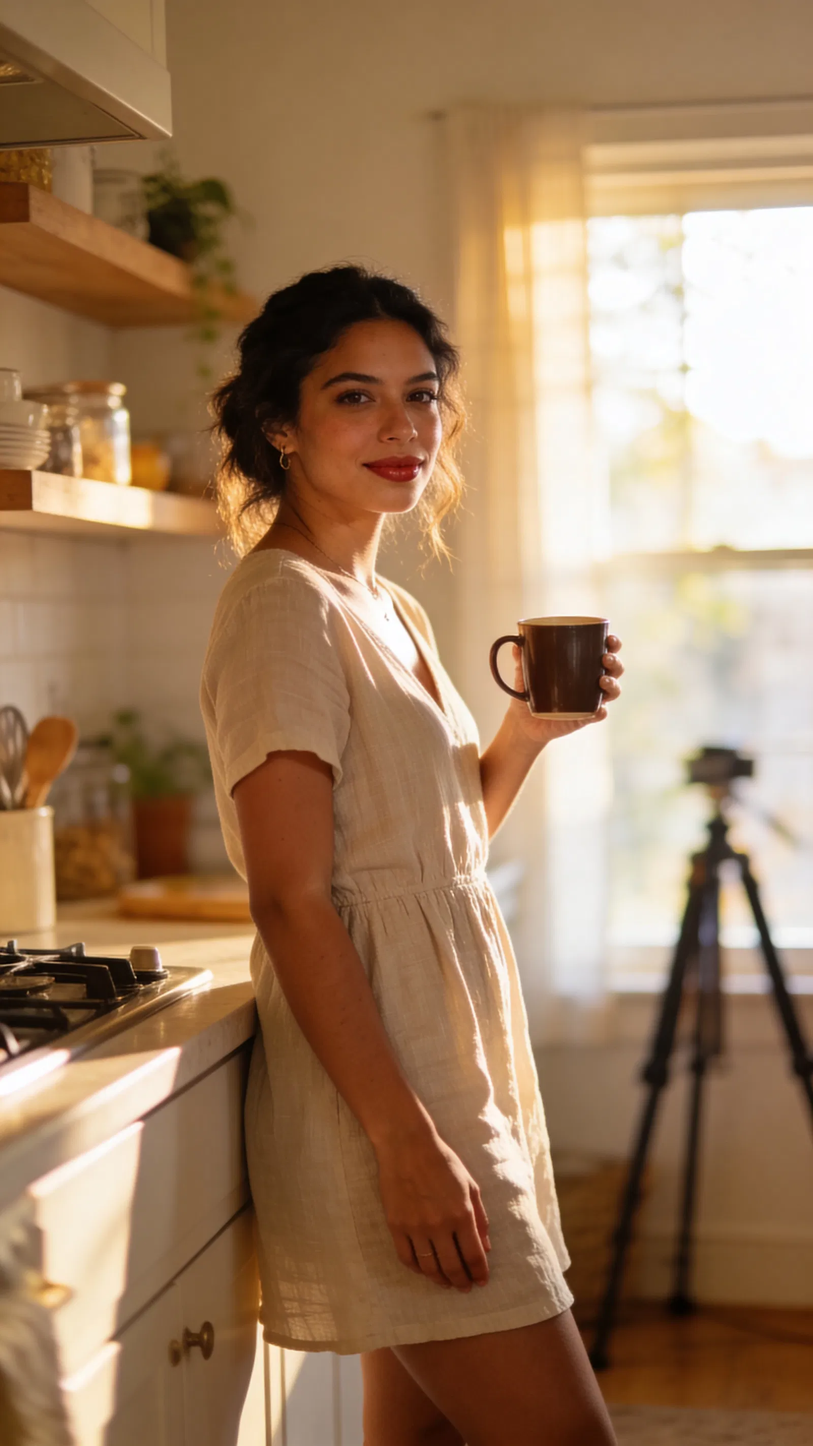 Hispanic woman in kitchen creator setup, at-home Instagram content photo