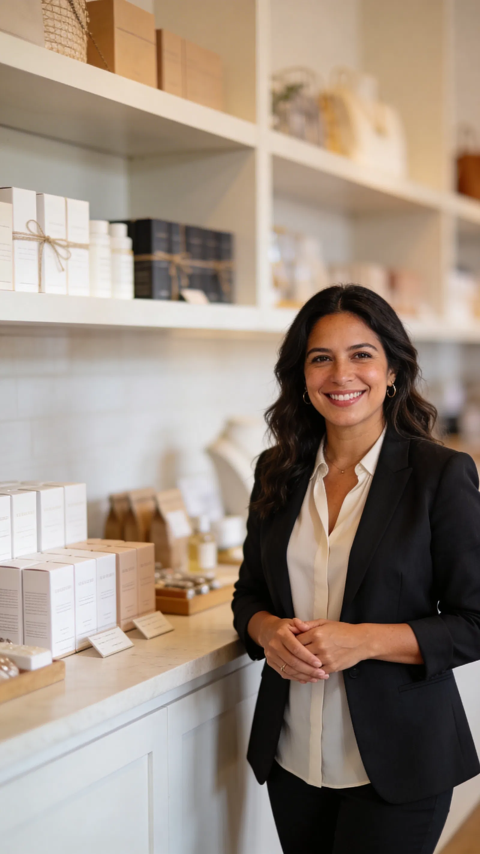 Hispanic woman in retail workspace portrait for branding photos