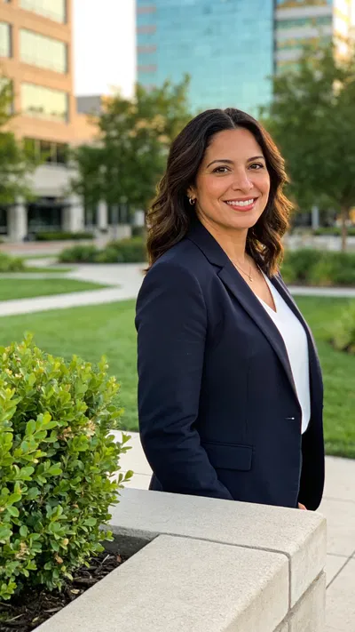 Hispanic woman outdoors in business park, half-body professional AI headshot
