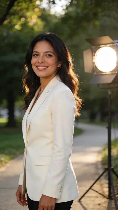 Hispanic woman outdoors with soft greenery background for CV photo