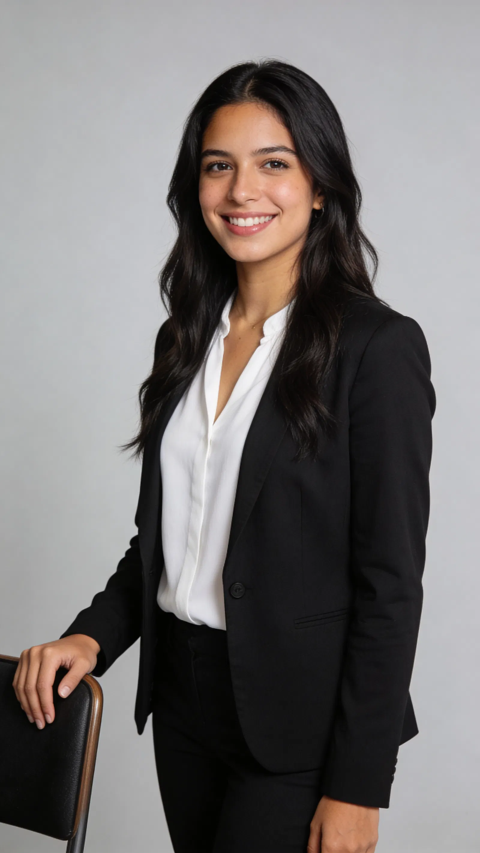 Hispanic woman studio 3/4 portrait, premium corporate headshot style