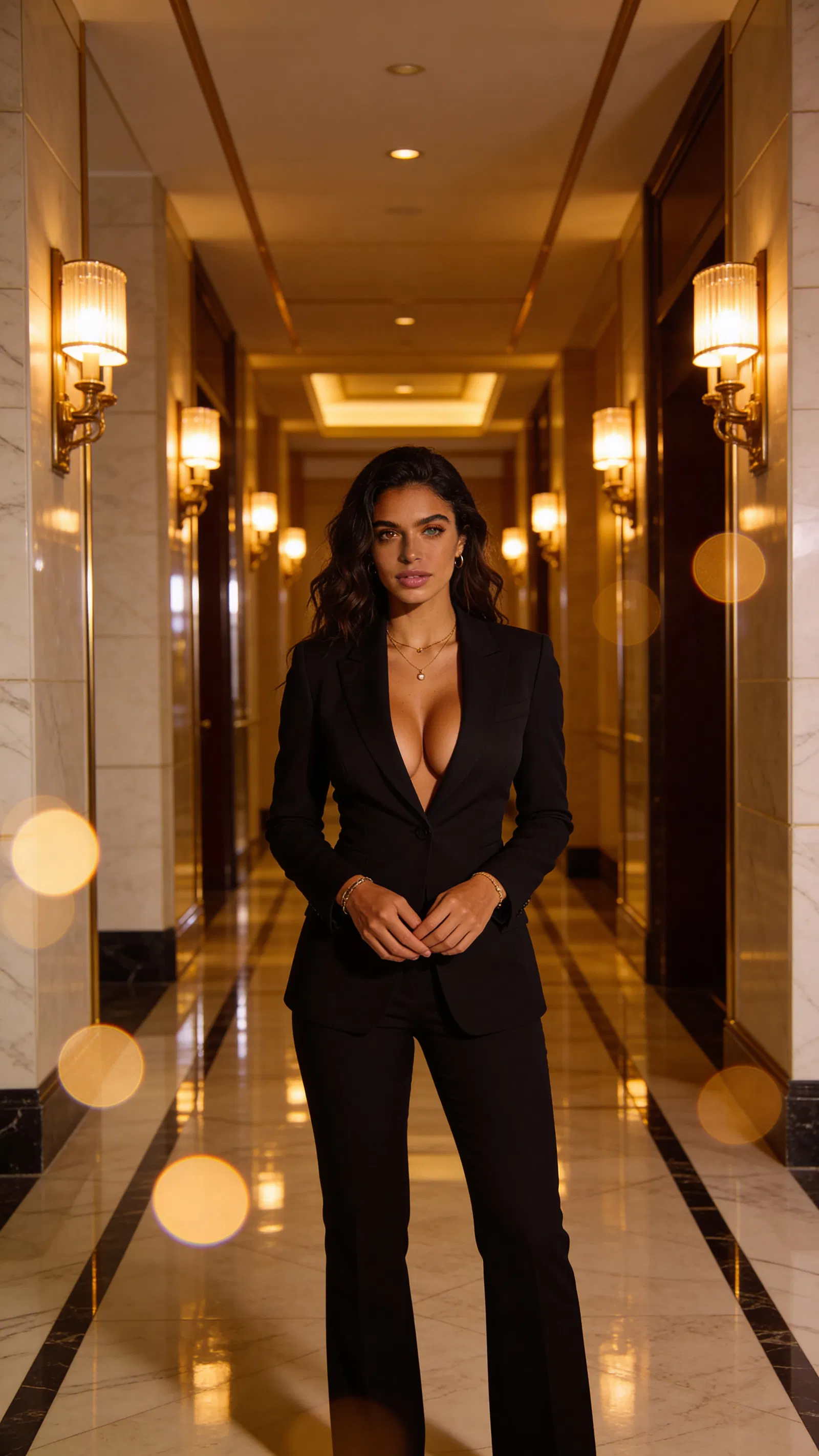 Hotel corridor portrait with warm bokeh lights and elegant tailored styling