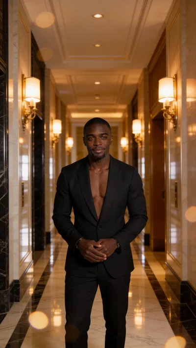 Hotel corridor portrait with warm bokeh lights and elegant tailored styling