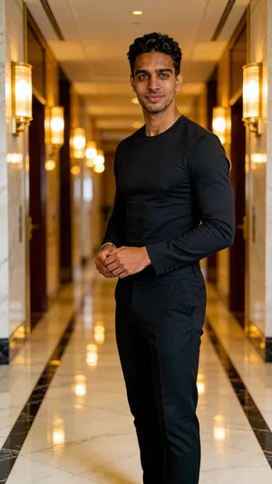 Hotel corridor portrait with warm bokeh lights and elegant tailored styling