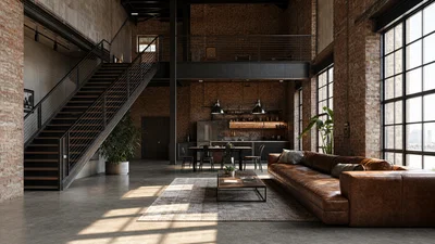 Industrial loft with exposed brick and factory windows, shot wide with cool neutral HDR.