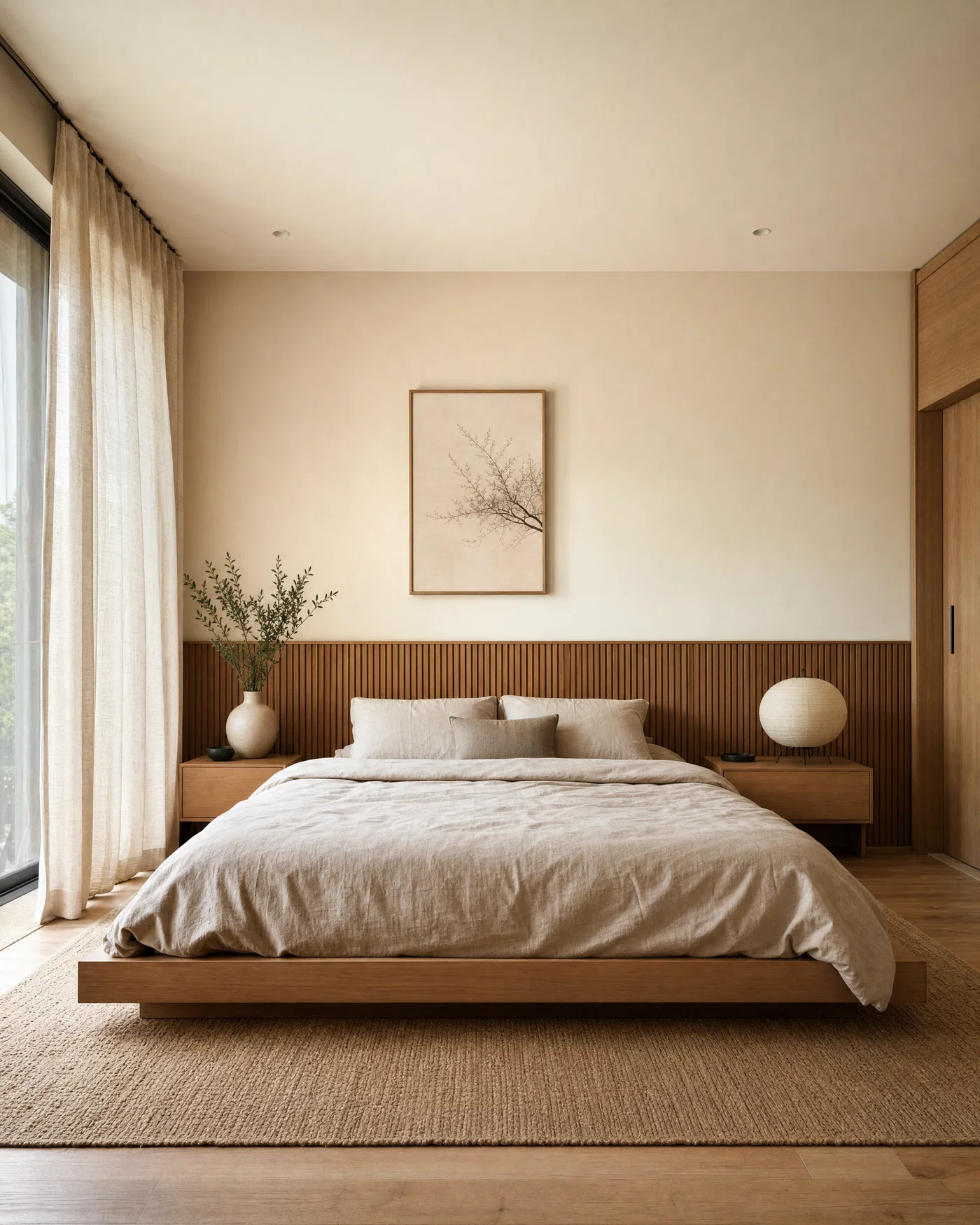 Japandi bedroom with low bed, soft window daylight, and warm neutral HDR grade.