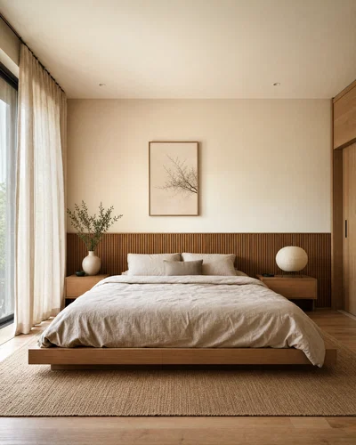 Japandi bedroom with low bed, soft window daylight, and warm neutral HDR grade.