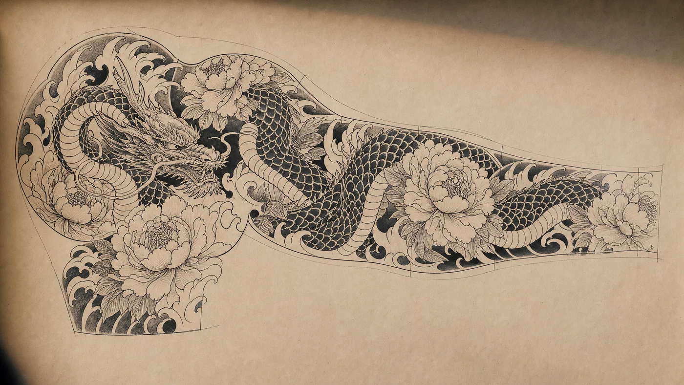 Japanese irezumi dragon sleeve layout with waves and peonies on neutral paper.