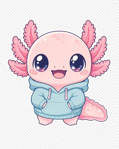 Kawaii axolotl mascot with hoodie, thick outline and pastel palette on transparent background.