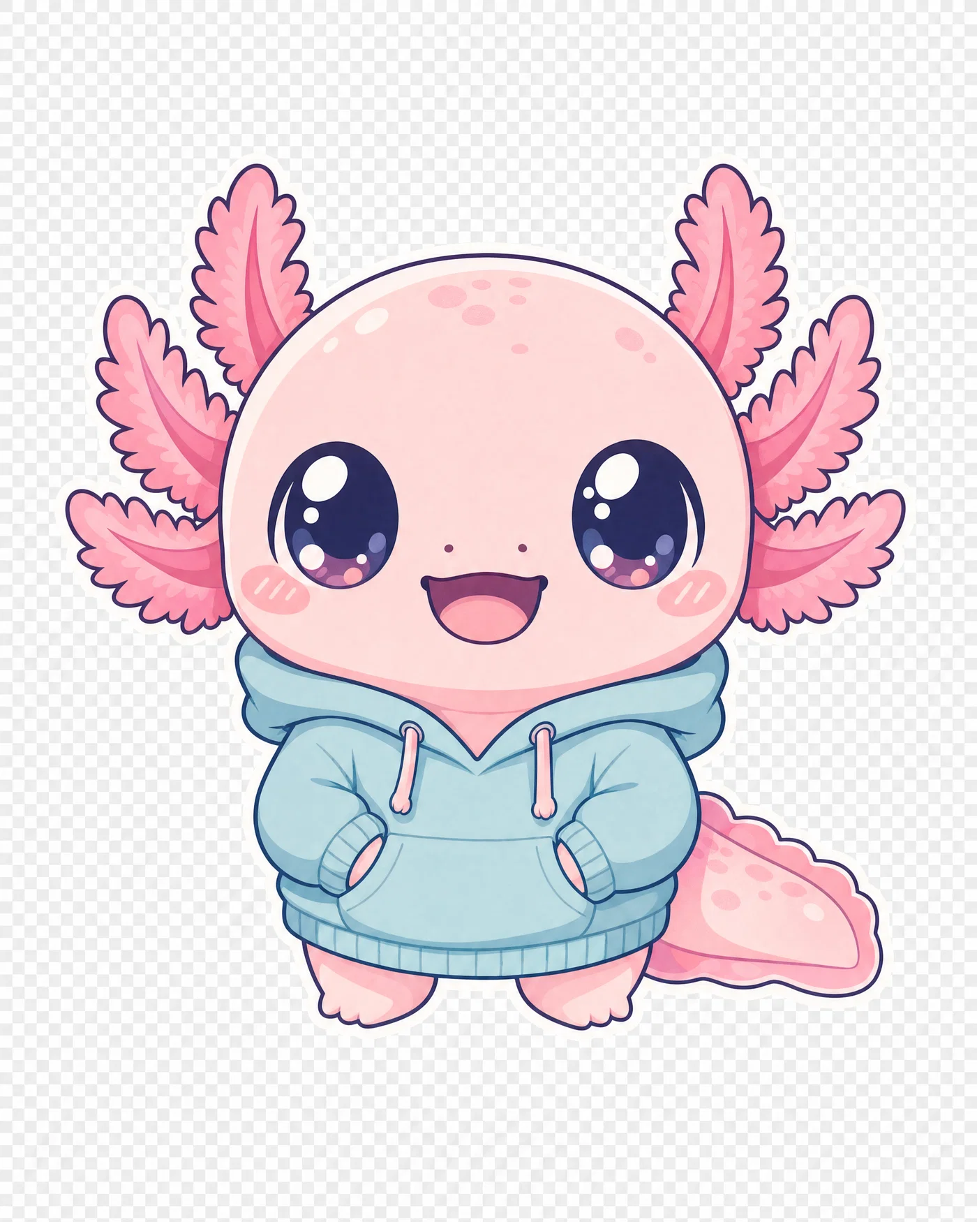 Kawaii axolotl mascot with hoodie, thick outline and pastel palette on transparent background.