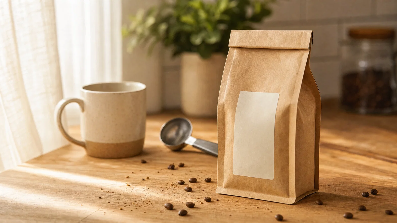 Kraft coffee bag on a wooden counter with soft window light and warm lifestyle color grade.