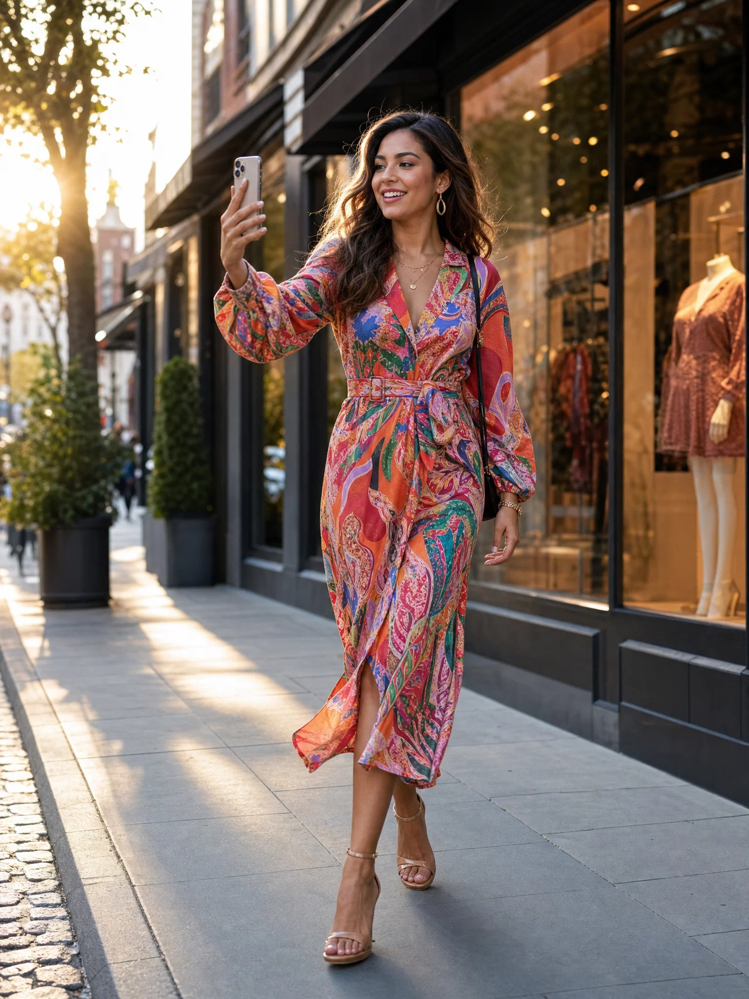 Latina fashion influencer filming an OOTD on a sunny city street
