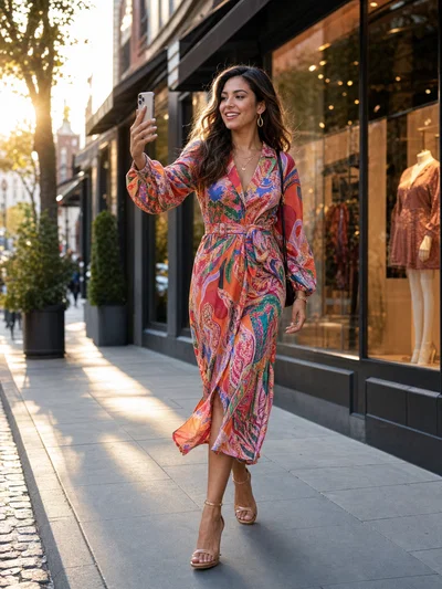 Latina fashion influencer filming an OOTD on a sunny city street