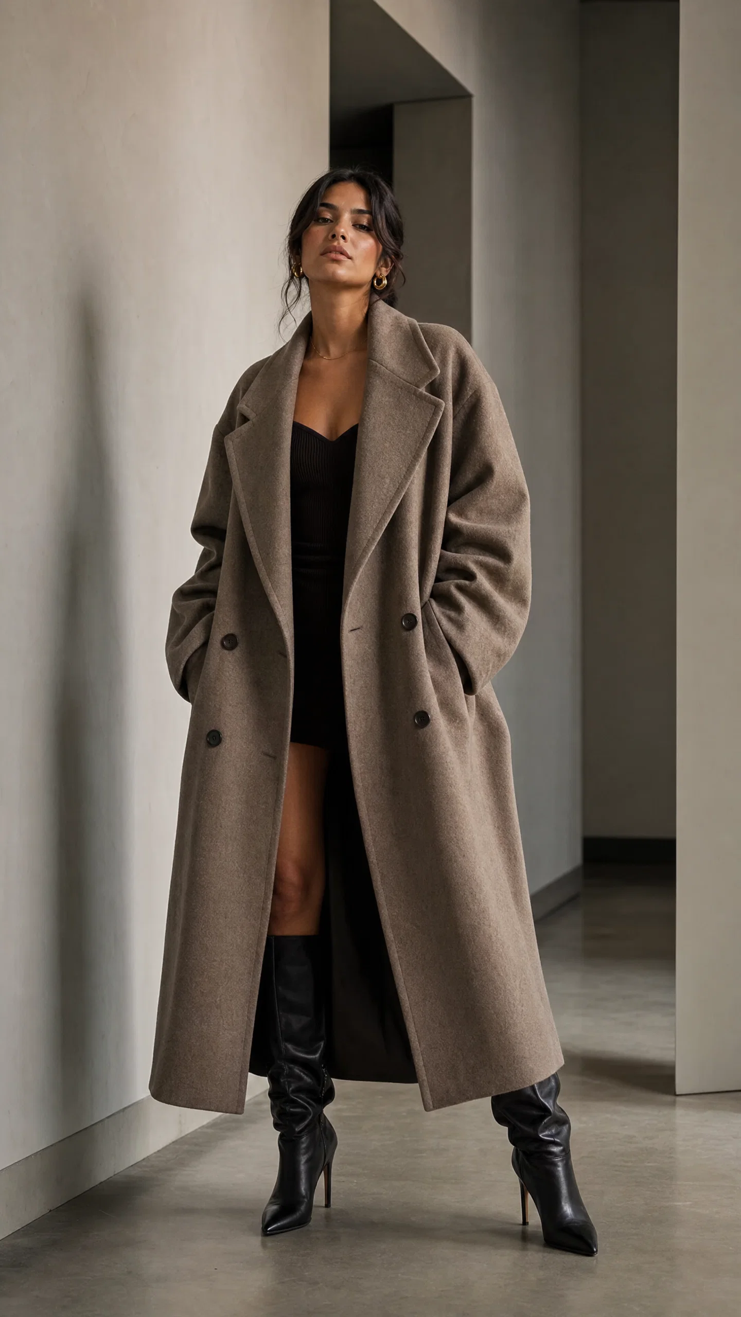 Latina fashion influencer full-body editorial coat pose in minimalist hallway