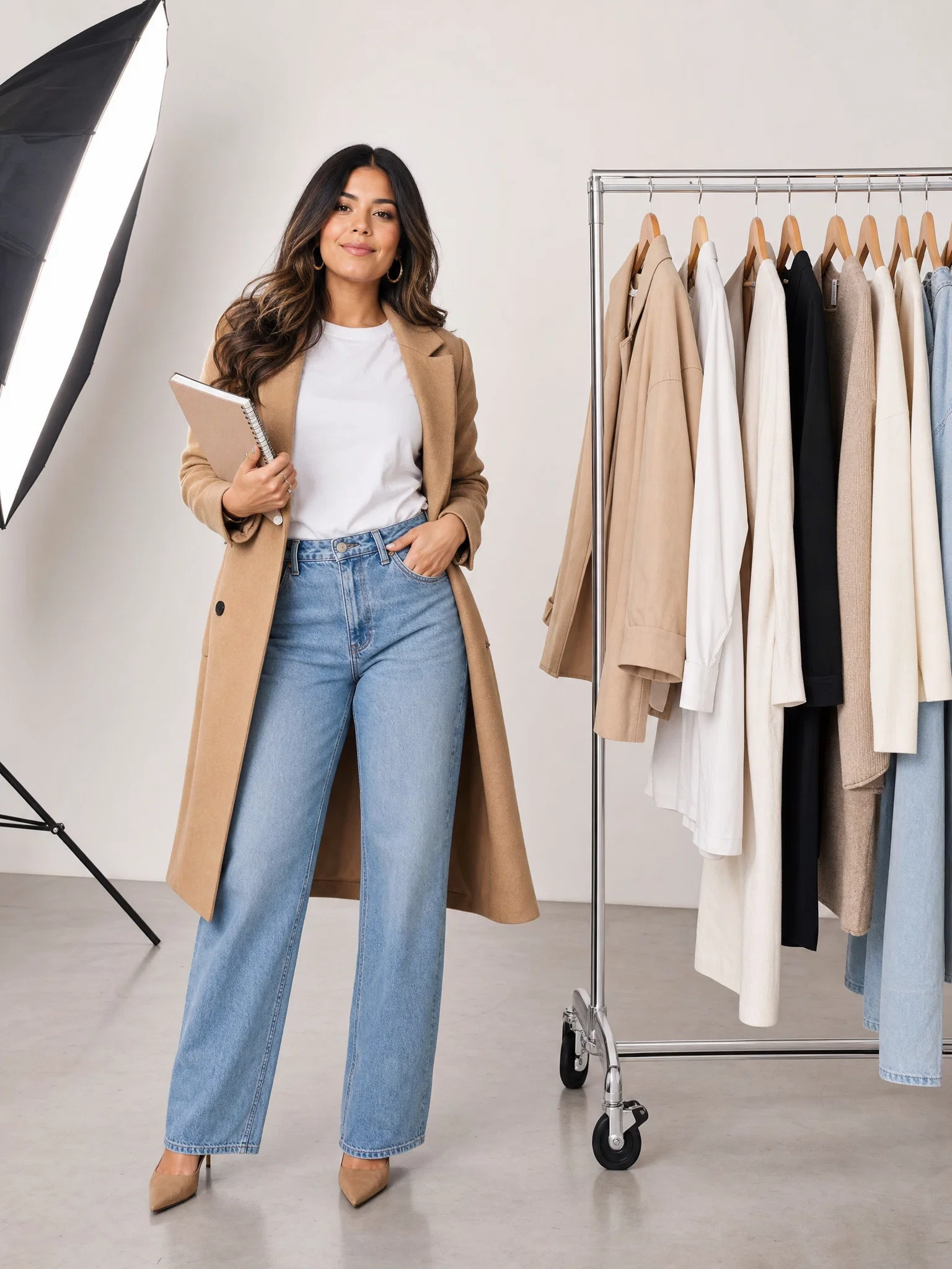 Latina fashion influencer in studio beside capsule wardrobe clothing rack