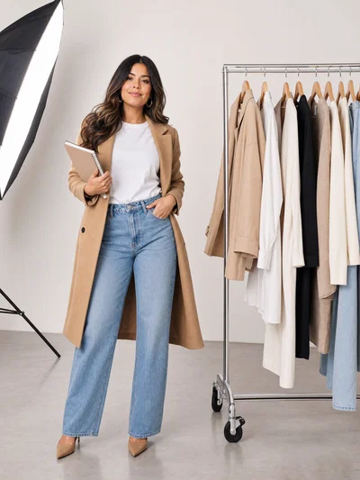 Latina fashion influencer in studio beside capsule wardrobe clothing rack