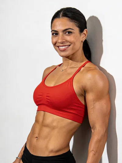 Latina female bodybuilder studio portrait showing confident physique lines