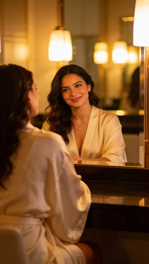 Latina woman at vanity in robe, warm and romantic boudoir portrait