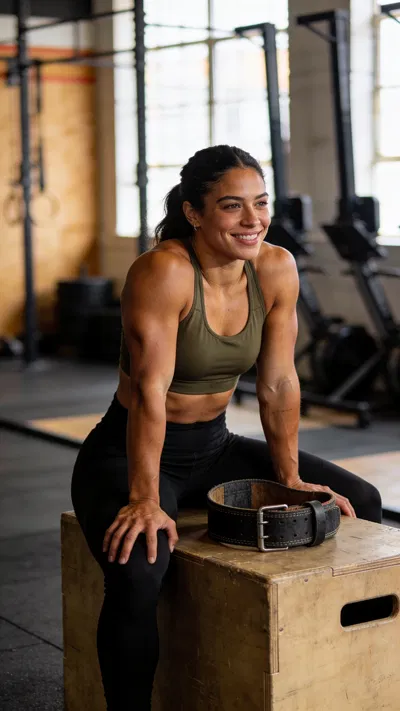 Latina woman bodybuilder sitting in gym, relaxed professional portrait