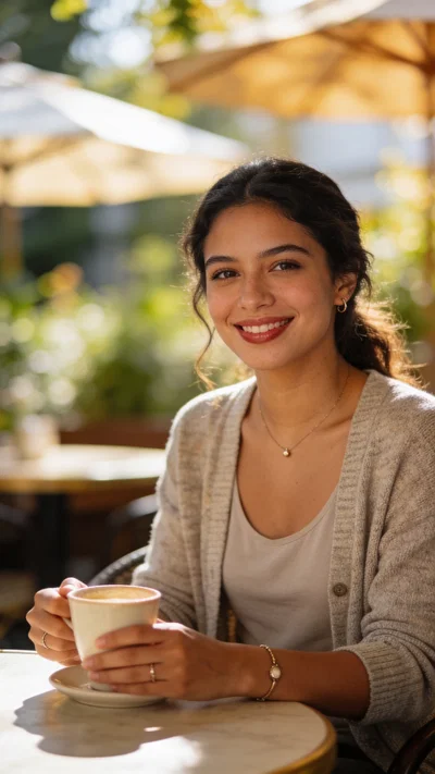Latina woman café patio half-body portrait with diffused daylight for dating profile
