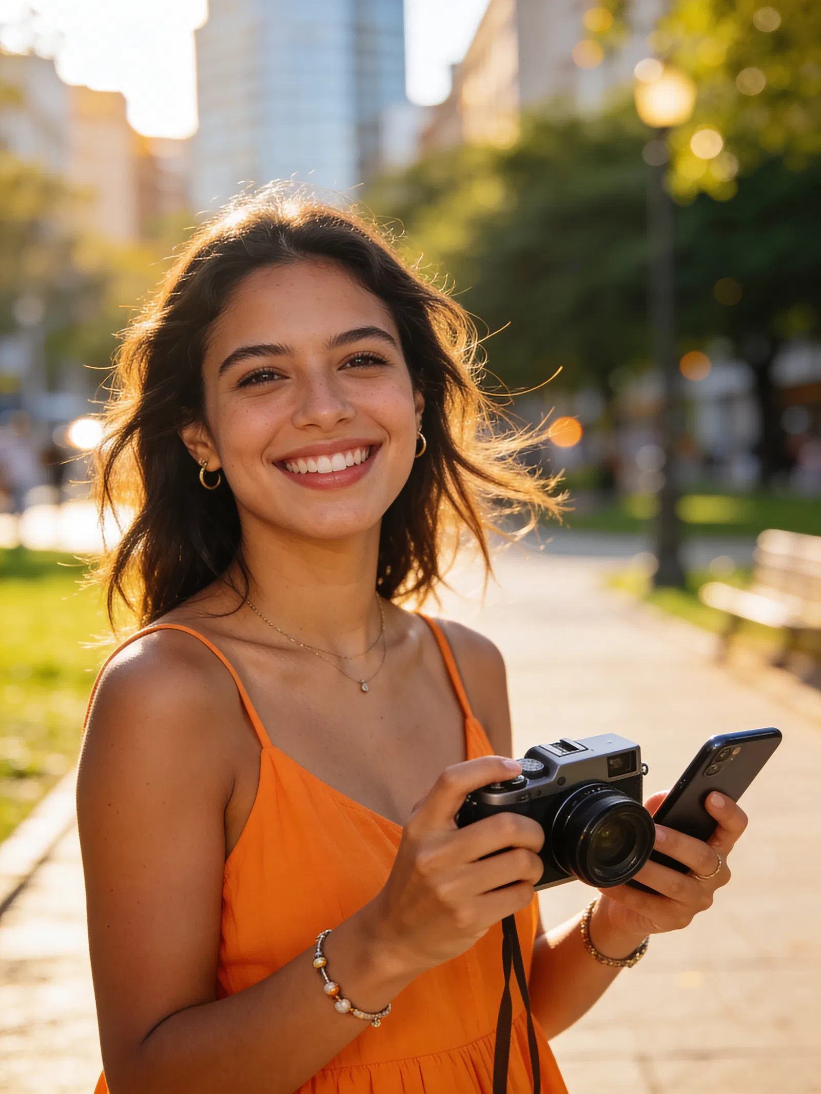 Latina woman creator headshot outdoors holding camera and phone