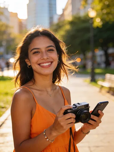 Latina woman creator headshot outdoors holding camera and phone
