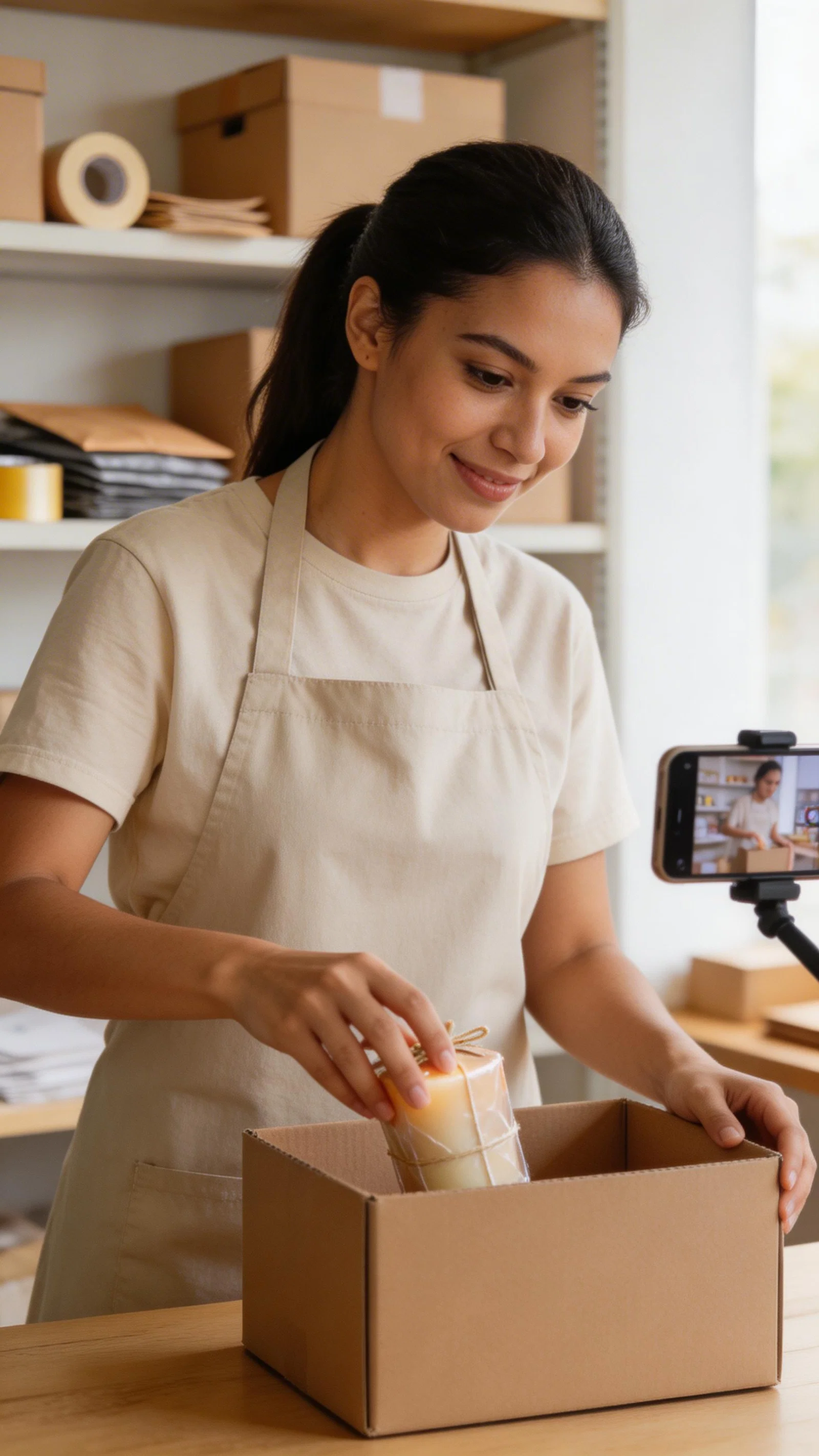 Latina woman filming small business packing orders content at bright workspace