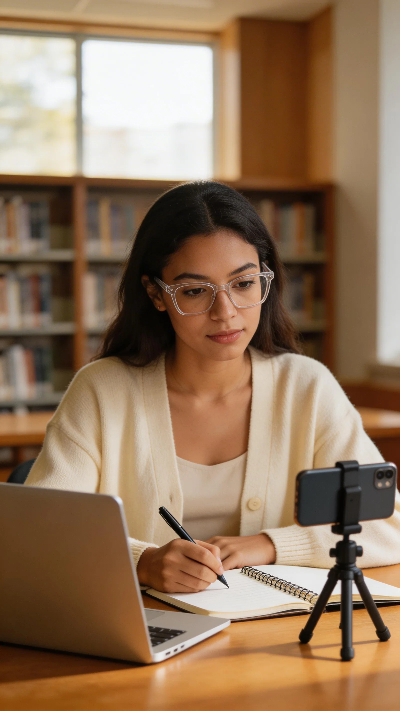 Latina woman filming study-with-me short at library table with mini tripod